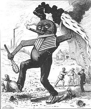 Political cartoon from 1874 showing a smokestack coming out of a monster smoking a cigar.