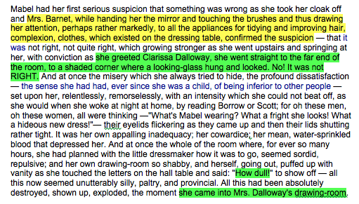 The following sentence is highlighted in yellow: Mrs. Barnet, while handing her the mirror and touching the brushes and thus drawing her attention, perhaps rather markedly, to all the appliances for tidying and improving hair, complexion, clothes, which existed on the dressing table, confirmed the suspicion. The following phrases are highlighted in green: 1. she greeted Clarissa Dalloway, she went straight to the far end of the room, to a shaded corner where a looking-glass hung and looked. No! It was not RIGHT. 2. How dull 3. she came into Mrs. Dalloway's drawing-room.
