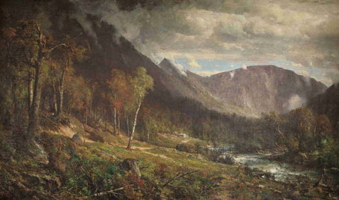 Painting of notch in New Hampshire mountains. 